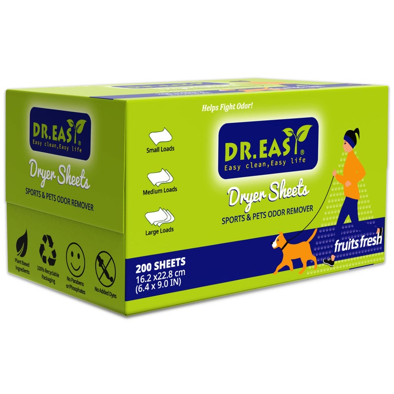 DR. EASY Dr.Easy SPORTS & PETS ODOR REMOVER Fruits Fresh Dryer Sheets,200 Sheets,PLANT&MINERAL-BASED FORMULA - Image 1